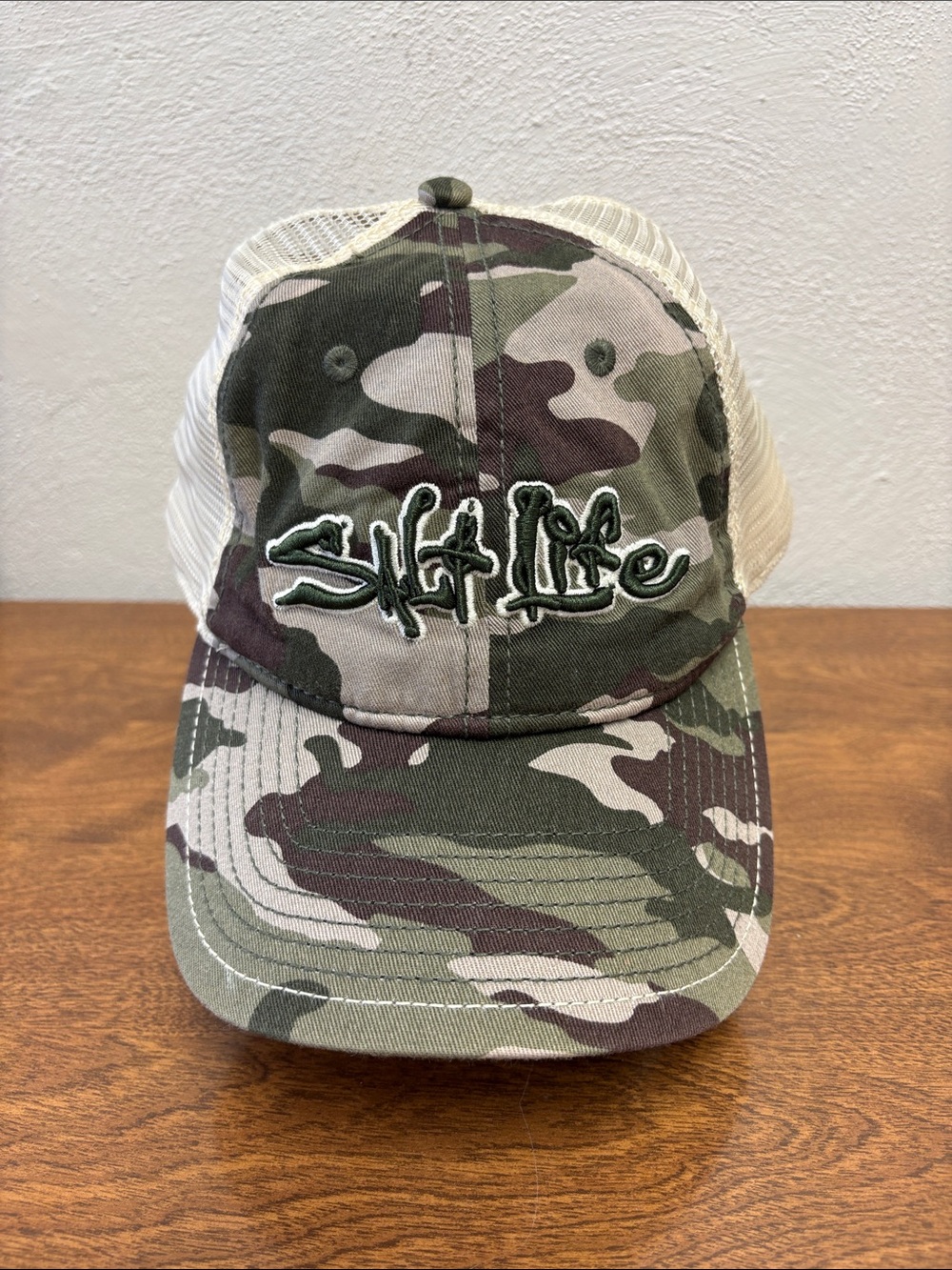 Salt Life Green Camo Trucker Hat with White Mesh